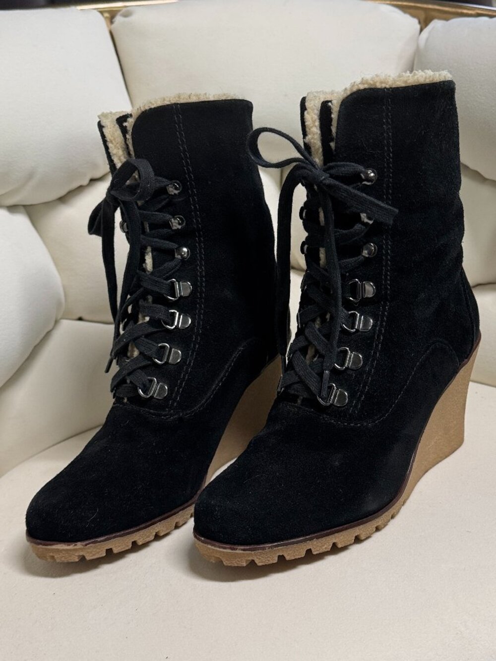 KELSI DAGGER Francille Black Faux Shearling Lace-up Wedge Boots Size 6.5